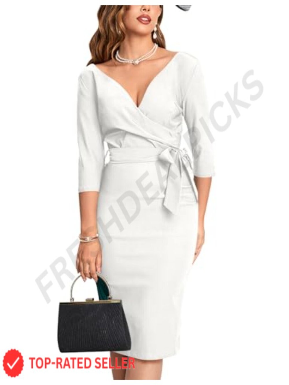 Vintage Faux Wrap V Neck 3/4 Sleeve Formal Party Work Dress with Belt